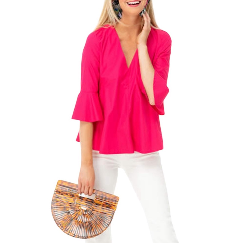 Pomander Place Tuckernuck Addie Blouse Pink Bell Sleeve VNeck Top XS Structure